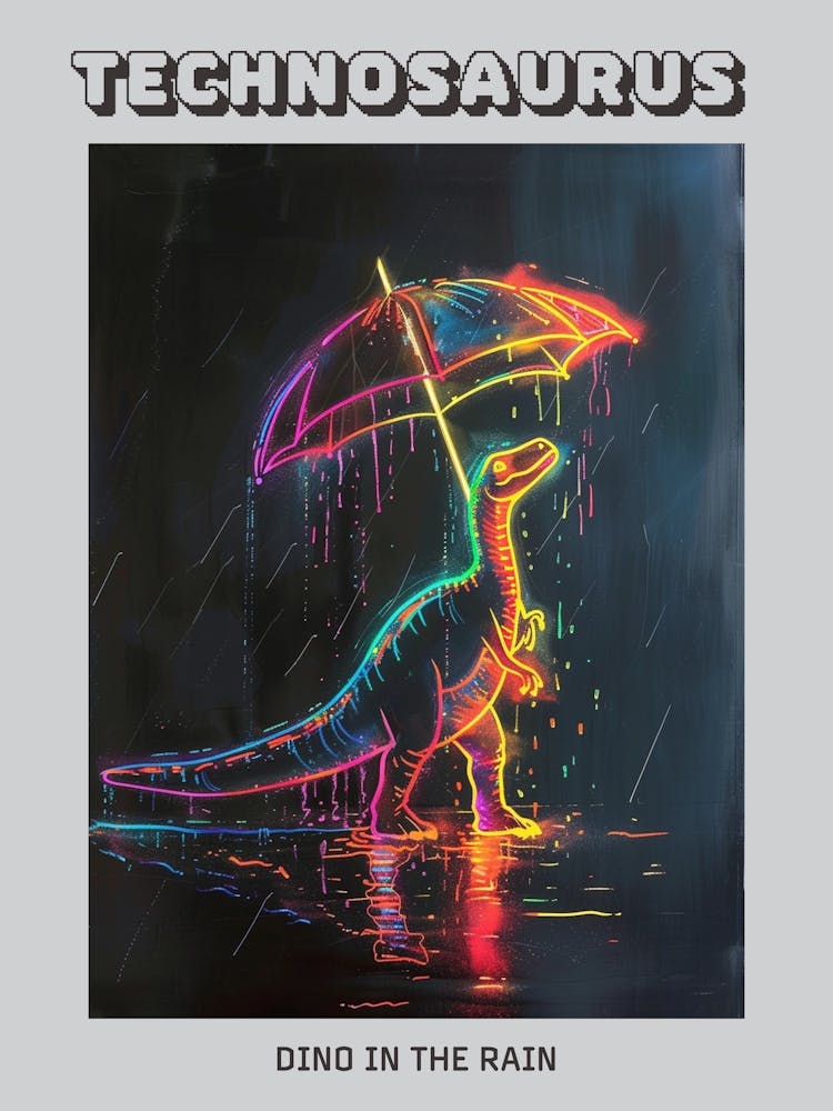 Neon Dinosaur With Umbrella In The Rain 3 Poster