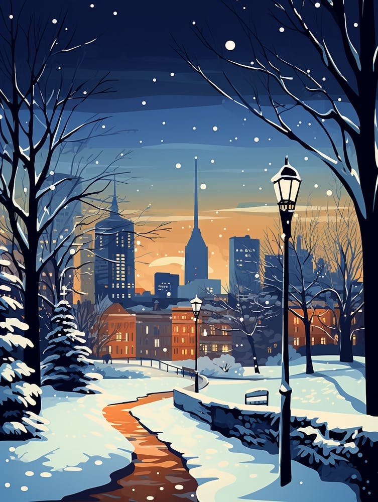 Winter Travel Night Illustration Boston Usa 1