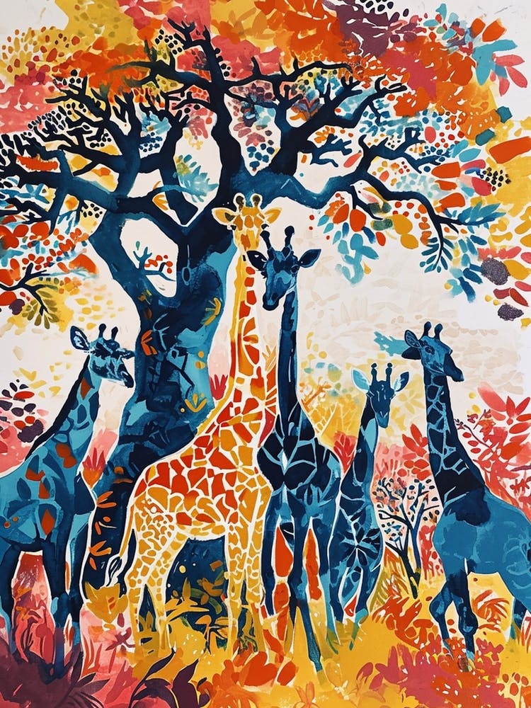 Cute Giraffe Herd Under The Trees Illustration 3