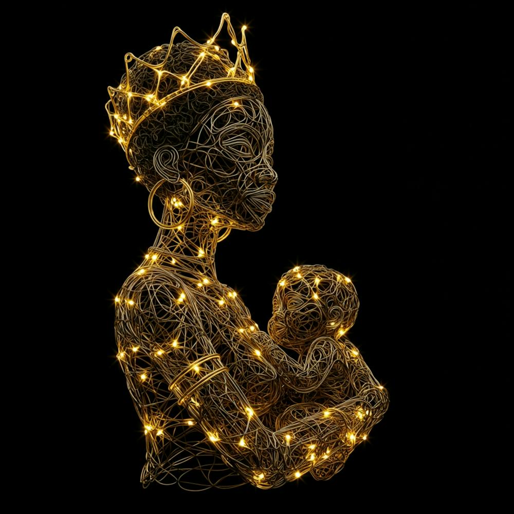 Elegant Gold Wire Art with Fairy Lights- Motherhood Embrace
