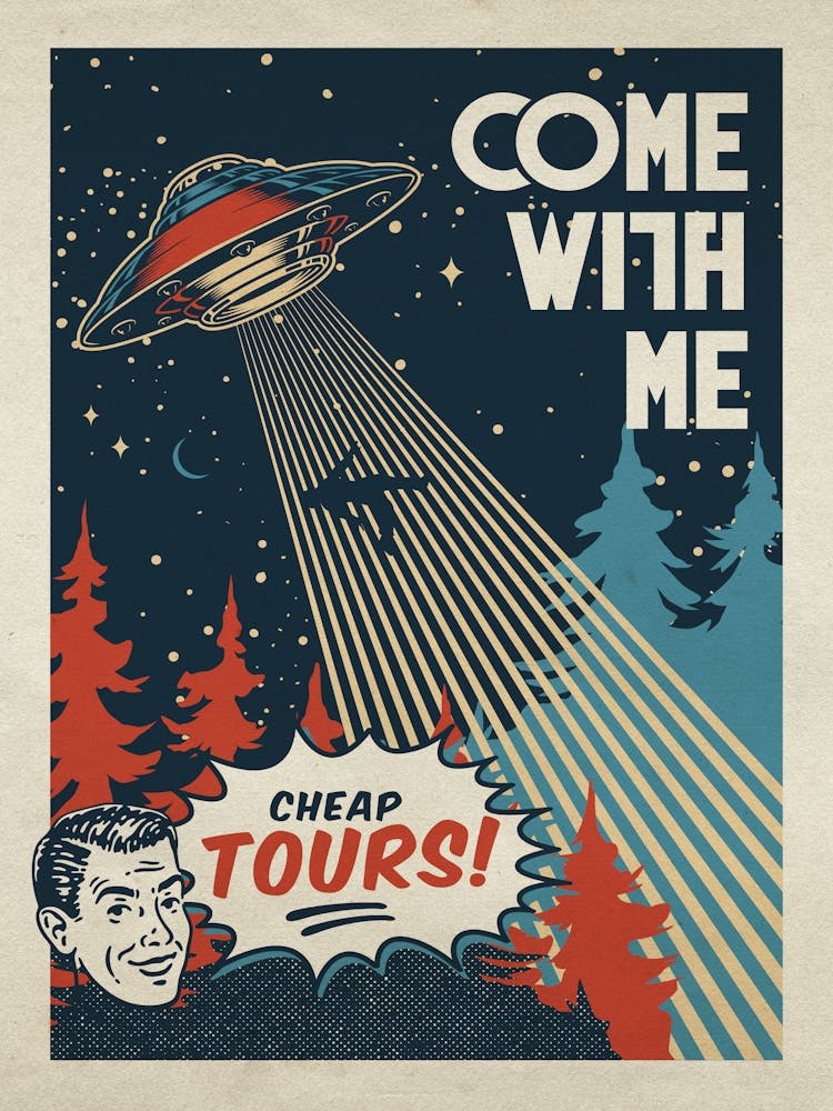 OVNI. Venez avec moi ! Tours pas chers ! — Affiche spatiale rétro vintage, affiche rétrofuturisme, espace rétro