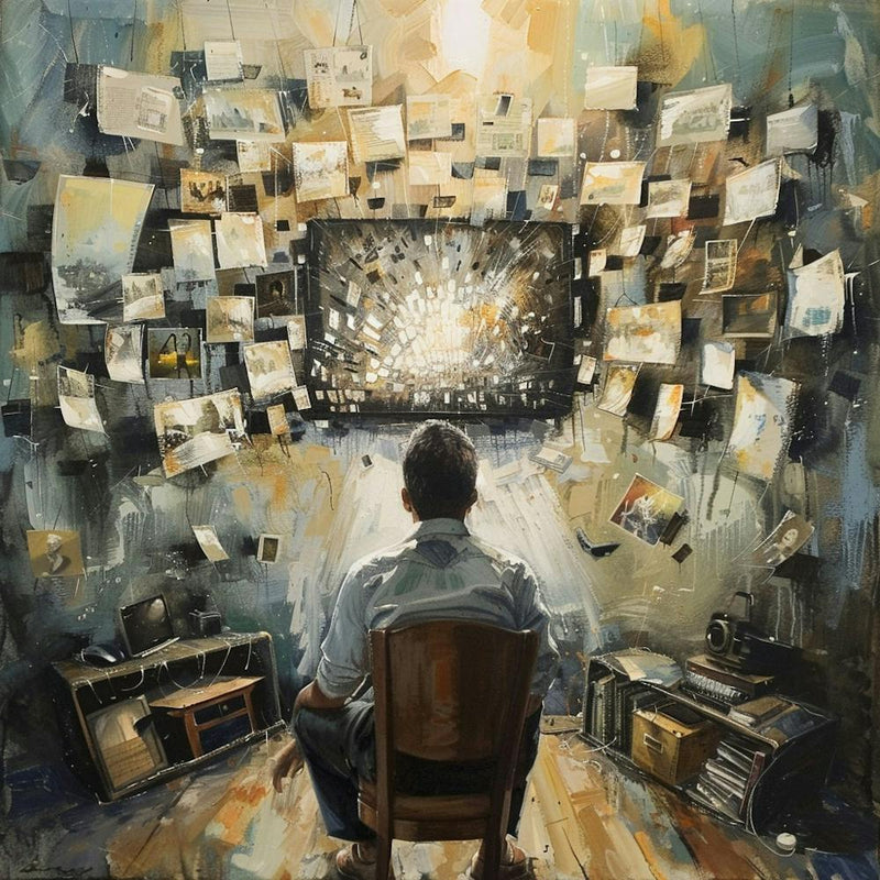 La Conspiration - Peinture à l'huile d'un homme regardant la télévision