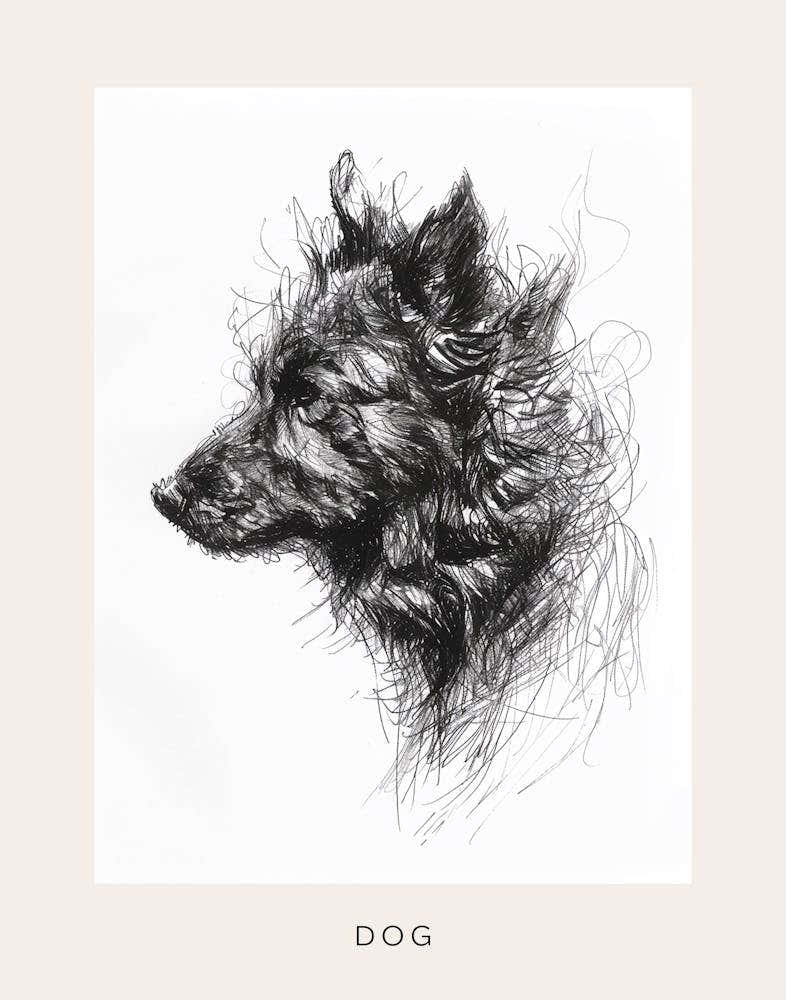 Black Long Haired Dog Line Sketch 1 Poster