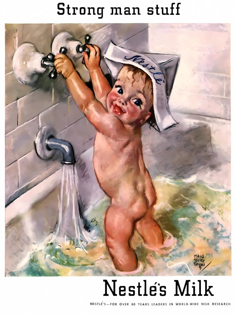 Strong Man Staff, Nestle Milk, Baby in Bath, Funny Vintage Advertising Poster