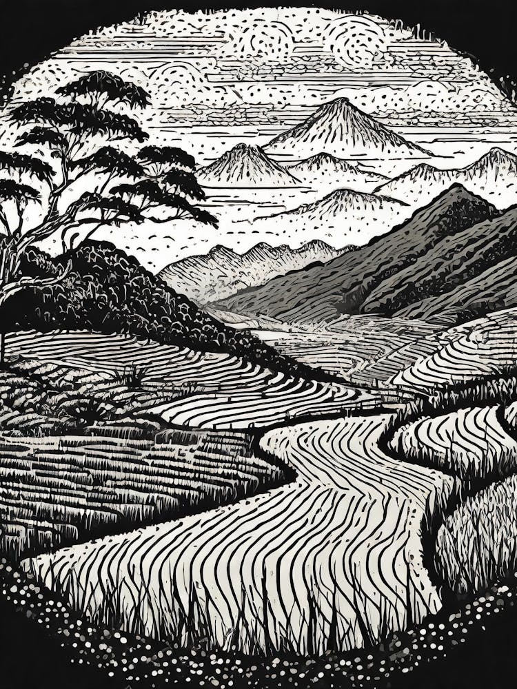 Rice Fields Linocut