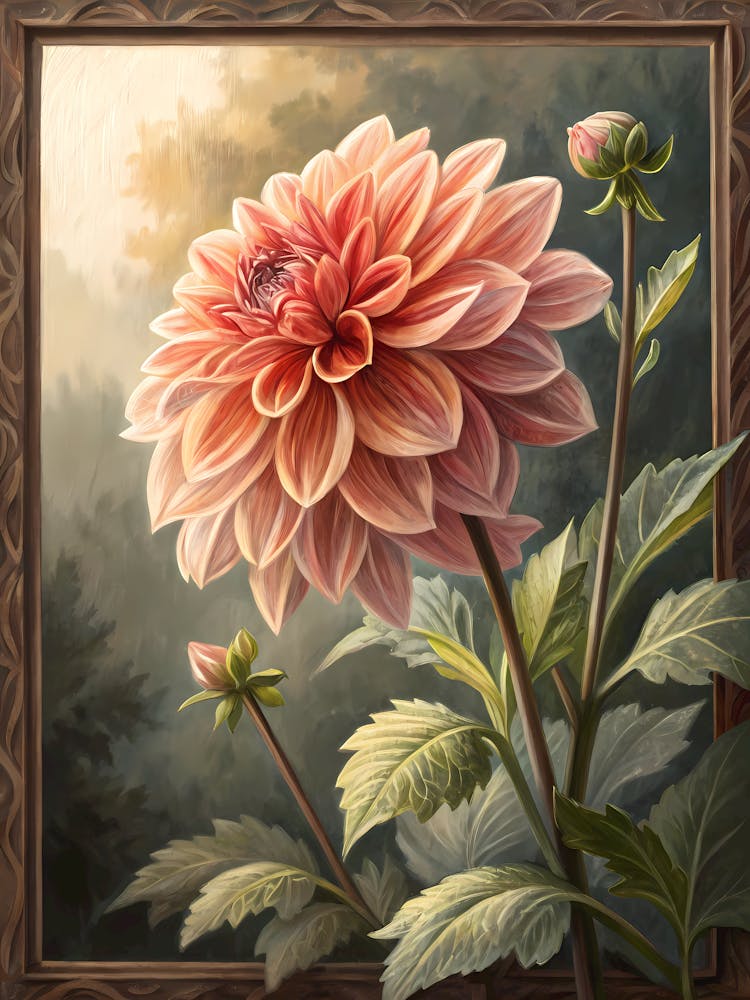 Oil Painting Style Dahlia Bloom Framed By Subtle 1