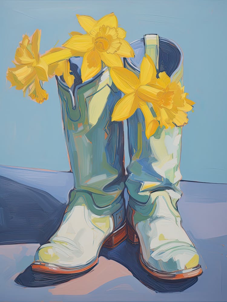 A Painting Of Cowboy Boots With Daffodils Flowers, Fauvist Style, Still Life 2