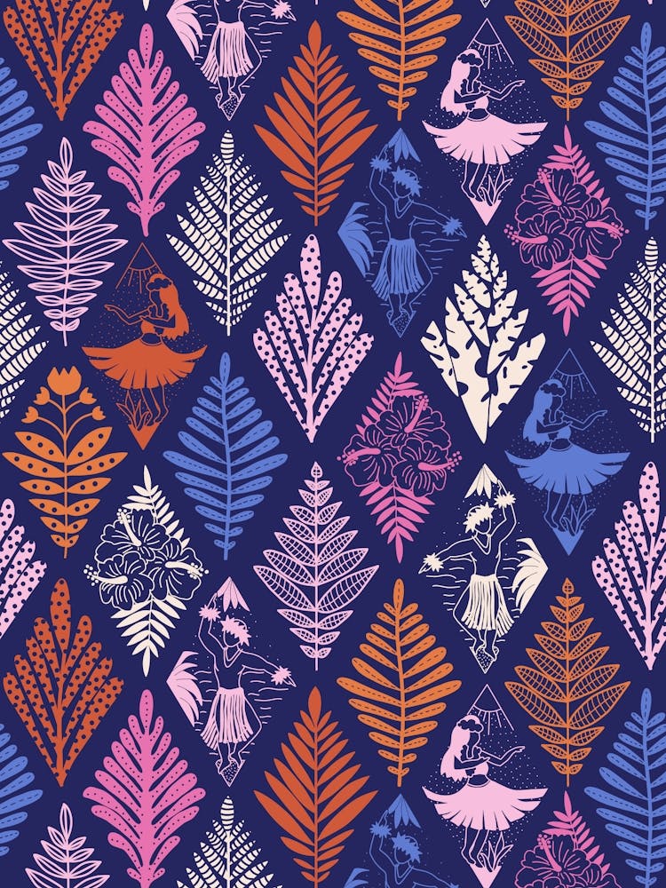 Hawaiian Hula Dancers and Botanical Rhombus Multicolor on Navy