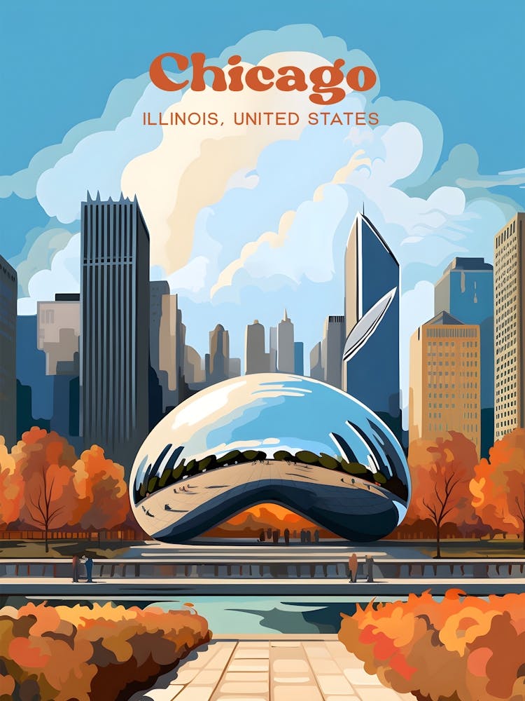 Chicago Illinois United States Cloud Gate Travel Illustration