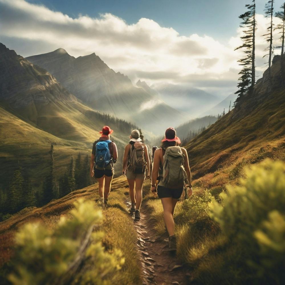 Three Hikers Hiking In The Mountains paintings art print
