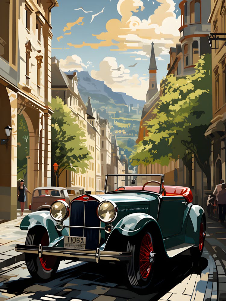 Art Mural Voiture Européenne Vintage – Cabriolet Classique Rétro dans une Rue de Vieille Ville Pittoresque