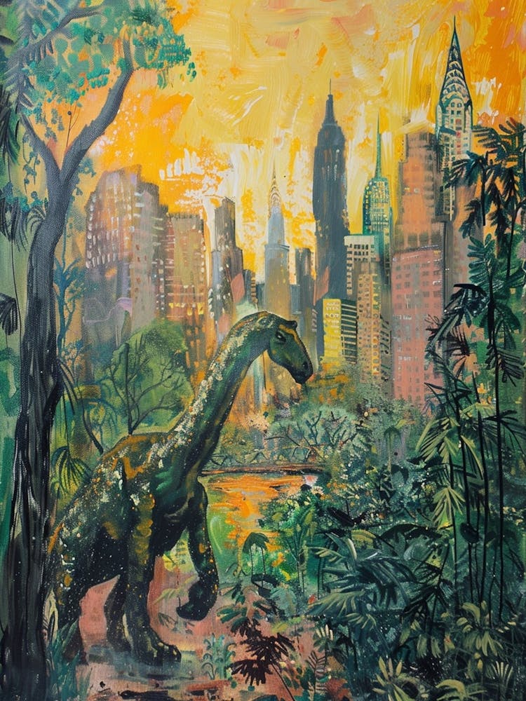 Dinosaur Sunrise Cityscape Tropical Painting