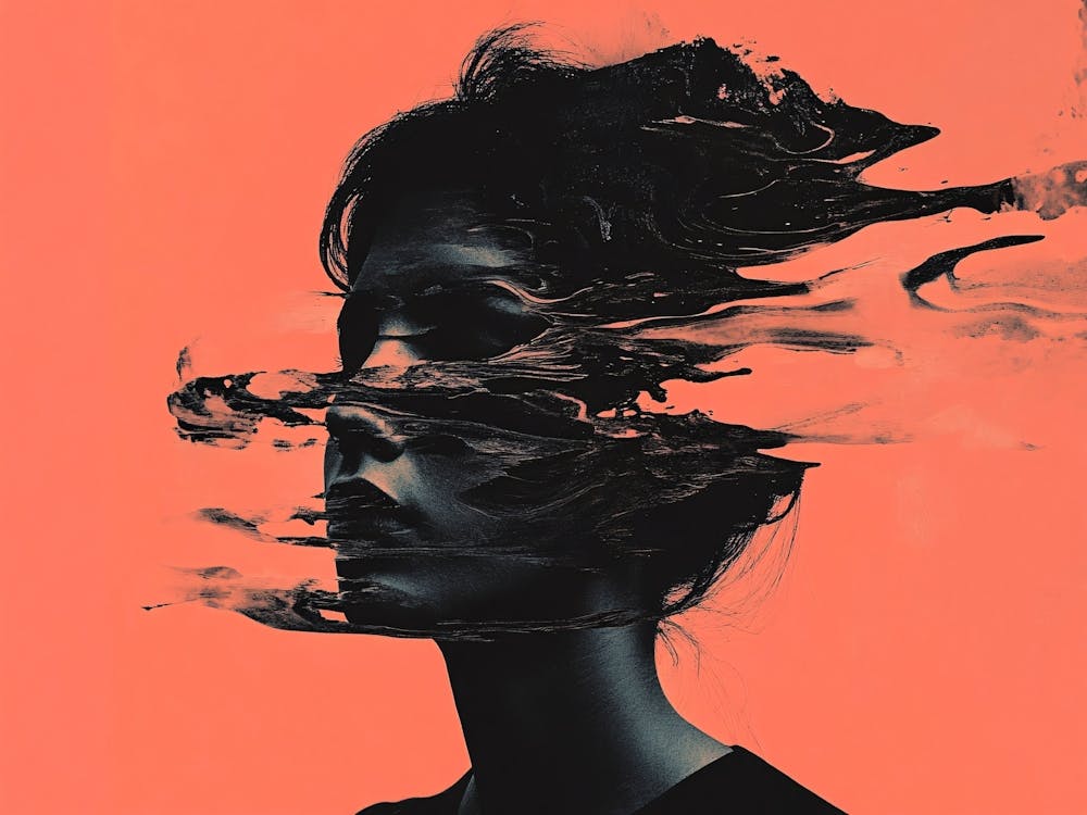 Woman'S Face Black on Light Red