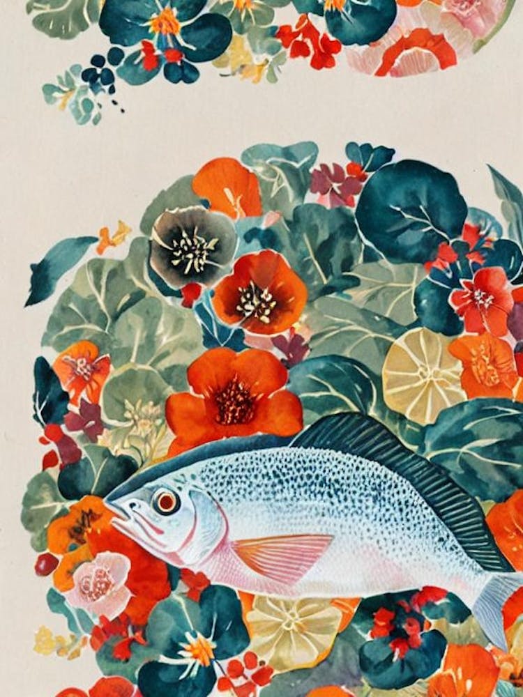 Flétan Aquarelle Graphique Vintage