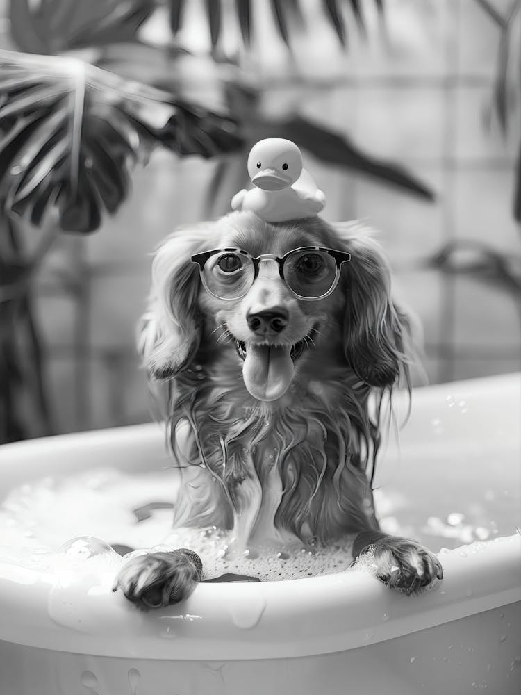 Long Haired Dachshund Bath Wall Art, Dog And Rubber Duck Bath Tub, Black And White Print, Dog Gift, Funny Dog Poster, Bathroom Wall Decor