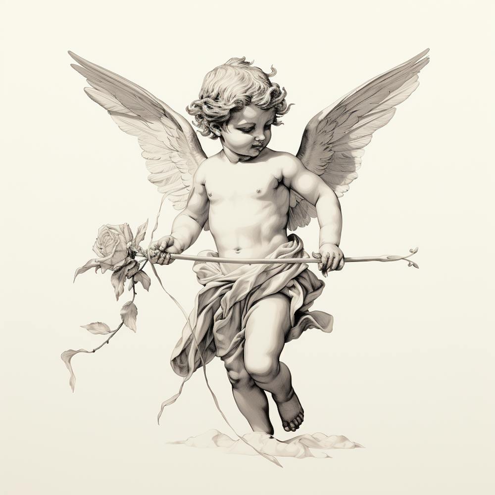 Pencil Drawing of Cherub Cupid with Rose