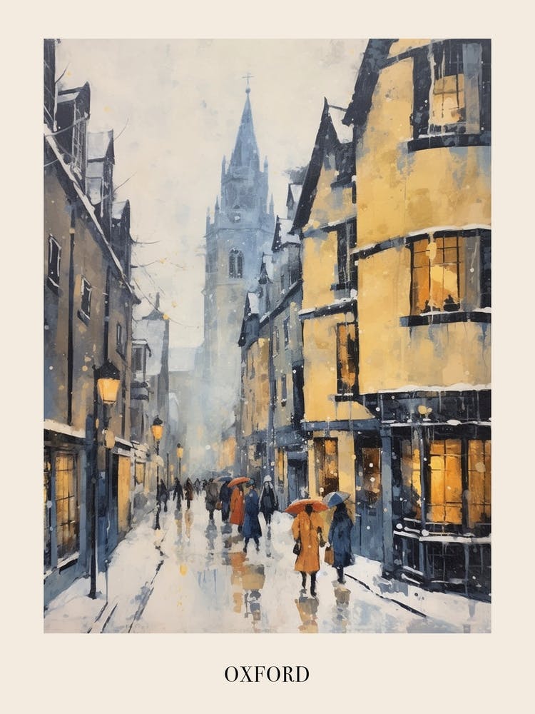 Vintage Winter Painting Poster Oxford United Kingdom 1