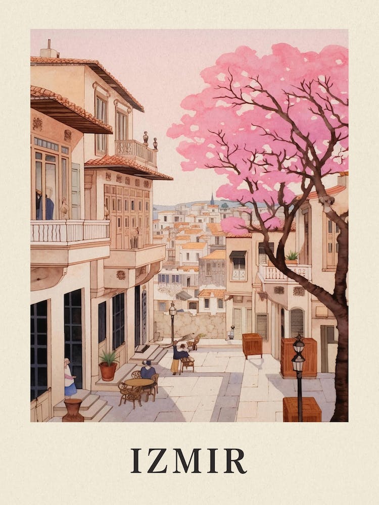 Izmir Turkey 2 Vintage Pink Travel Illustration Poster