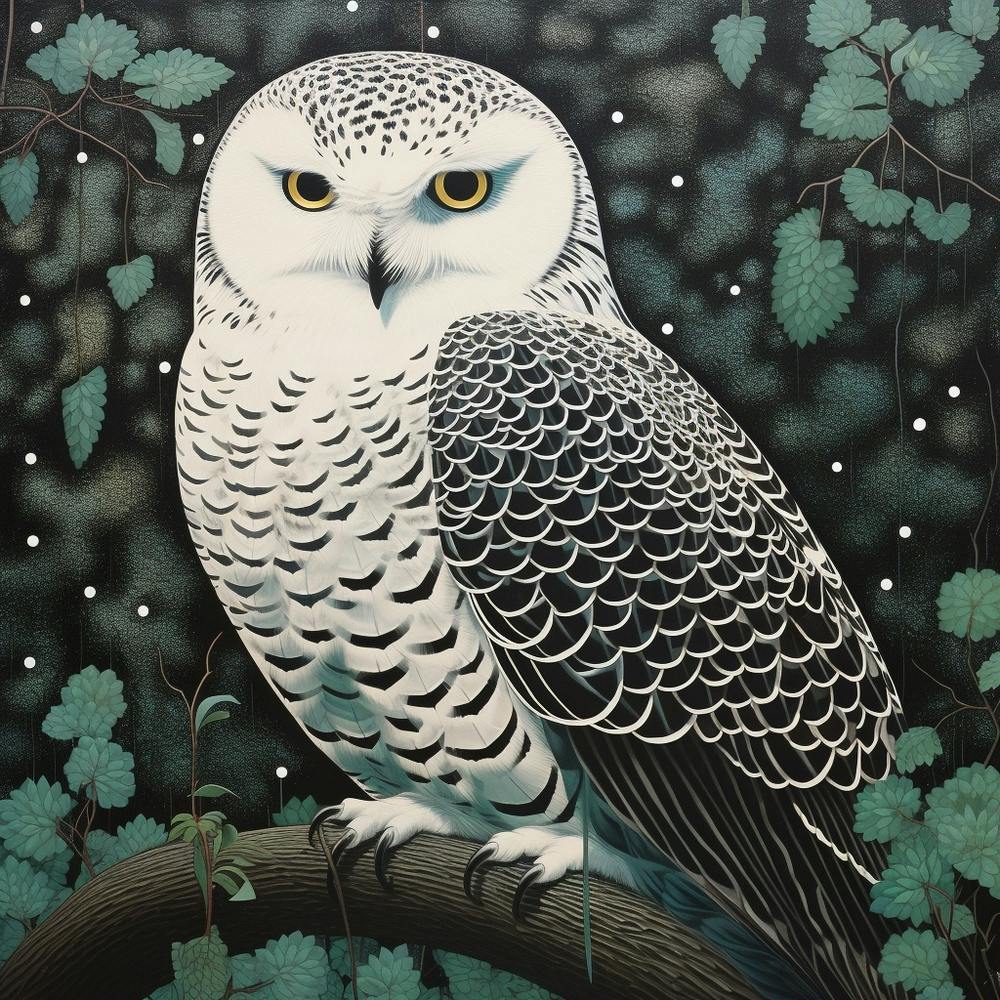 Ohara Koson Inspired Bird Painting Snowy Owl 3 Square