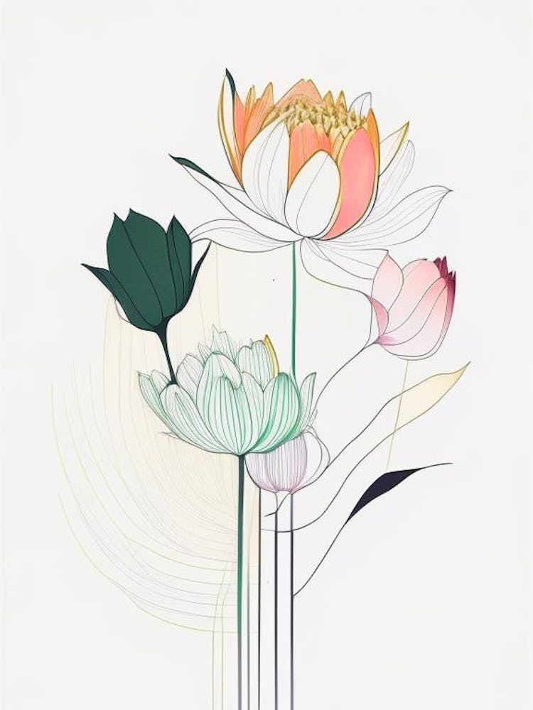 Lotus Flower Bouquet Abstract Line Drawing 1