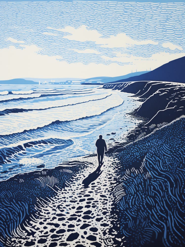 Linocut Of Chesil Beach Dorset 1