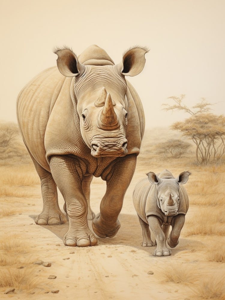 Rhino With A Young Rhino