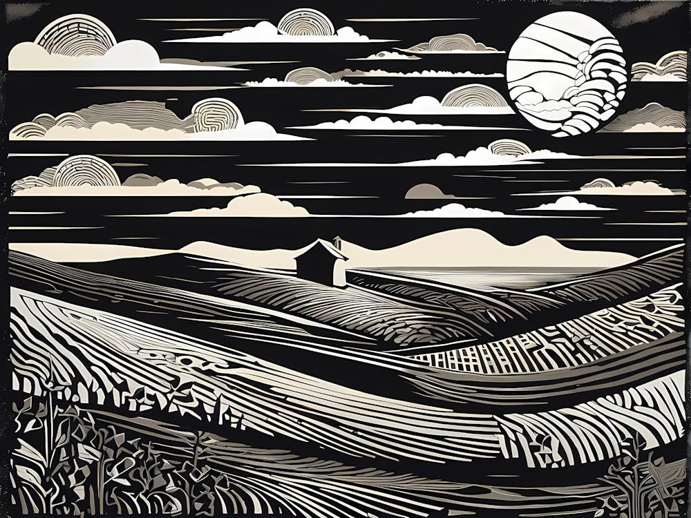 A Linocut Piece Featuring Fragmented And Ghostly Remnants Of Dreamy landscape, 111