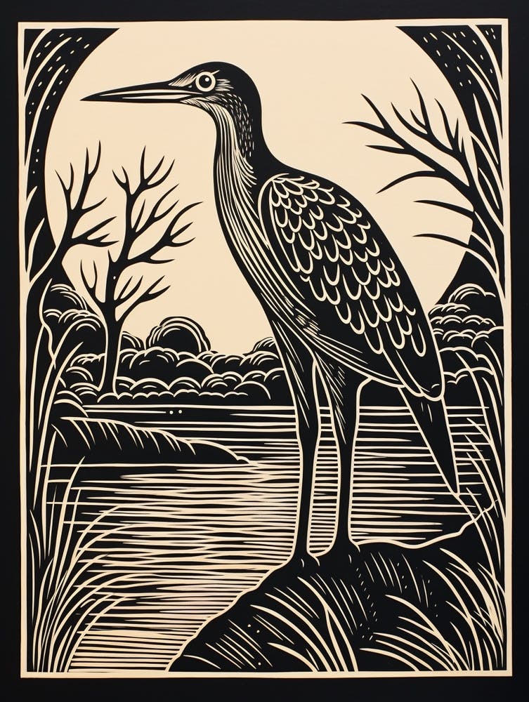 B&W Bird Linocut Green Heron 3