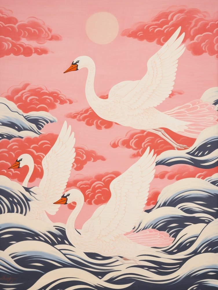 Vintage Japanese Inspired Bird Print Swan 3