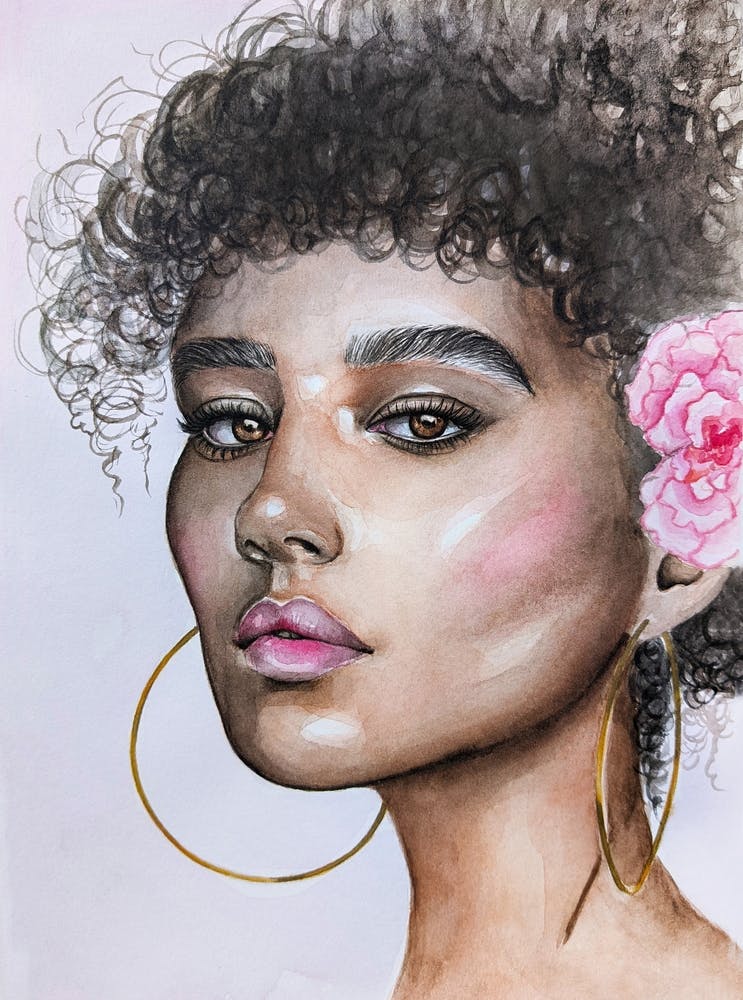 Afro Girl With Flower Watercolor portrait
