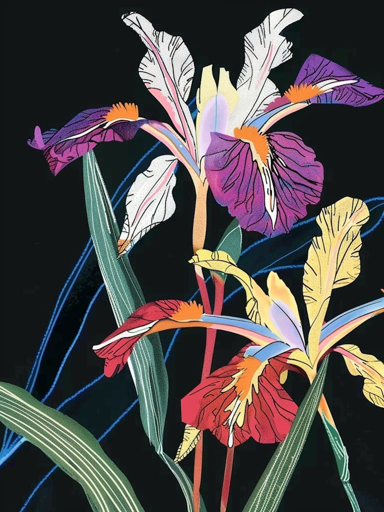 Neon Flowers On Black Iris 2