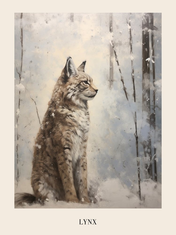 Vintage Winter Animal Painting Poster Lynx