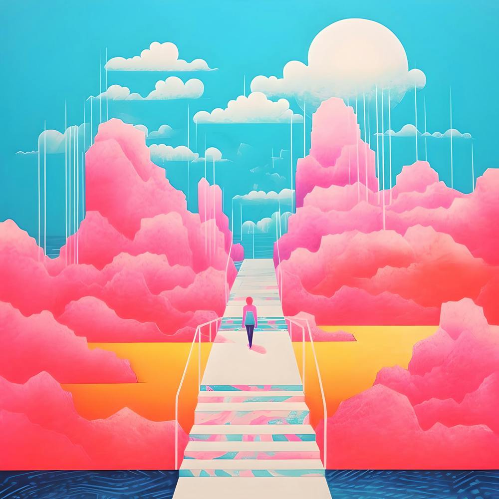 Scène Surréaliste de Style Risograph, Couleurs Vives Acidulées