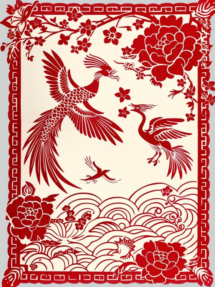 Chinese Papercut Art In Red And White Colors Depicts ，It Uses Simple Lines And Simple Details With A Flat Design And Simple Shapes To It Includes Elements Such As Flowers, Birds, Auspicious Clouds, Creating A Festive Atmosphere For C 1