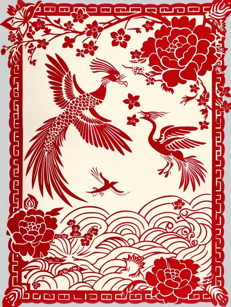 Chinese Papercut Art In Red And White Colors Depicts ，It Uses Simple Lines And Simple Details With A Flat Design And Simple Shapes To It Includes Elements Such As Flowers, Birds, Auspicious Clouds, Creating A Festive Atmosphere For C 1