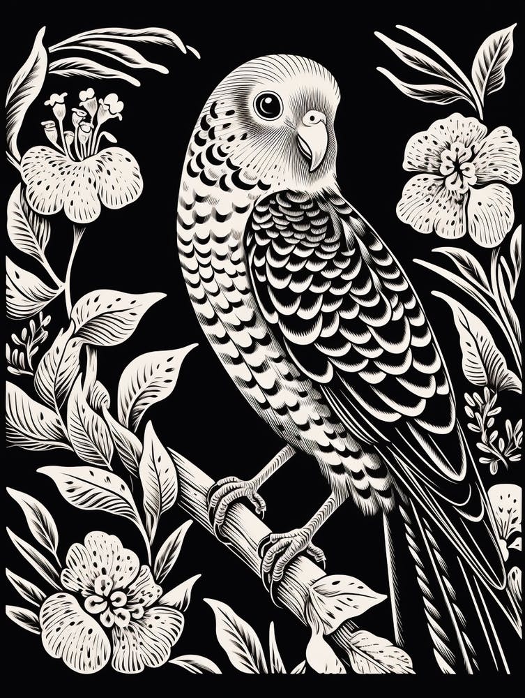B&W Bird Linocut Budgerigar 1