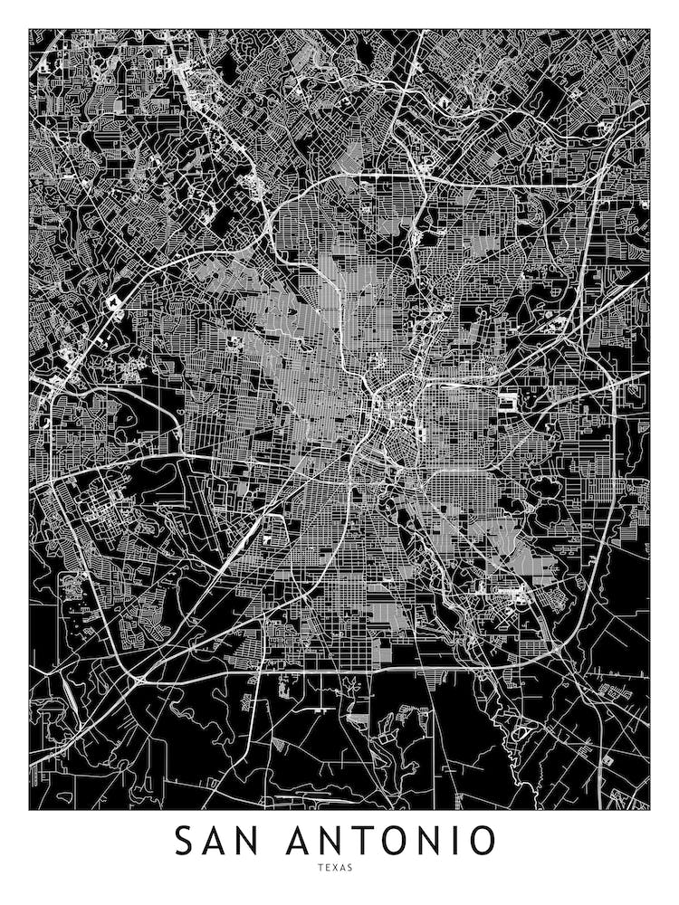 San Antonio Black And White Map