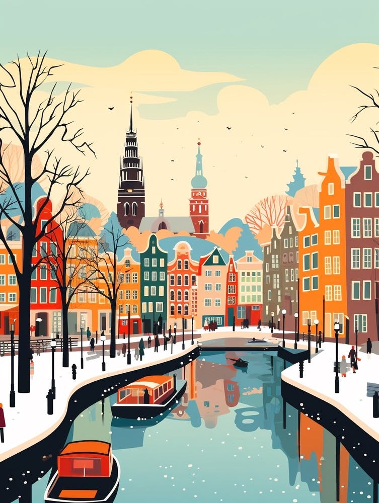 Retro Winter Illustration Amsterdam Netherlands 1
