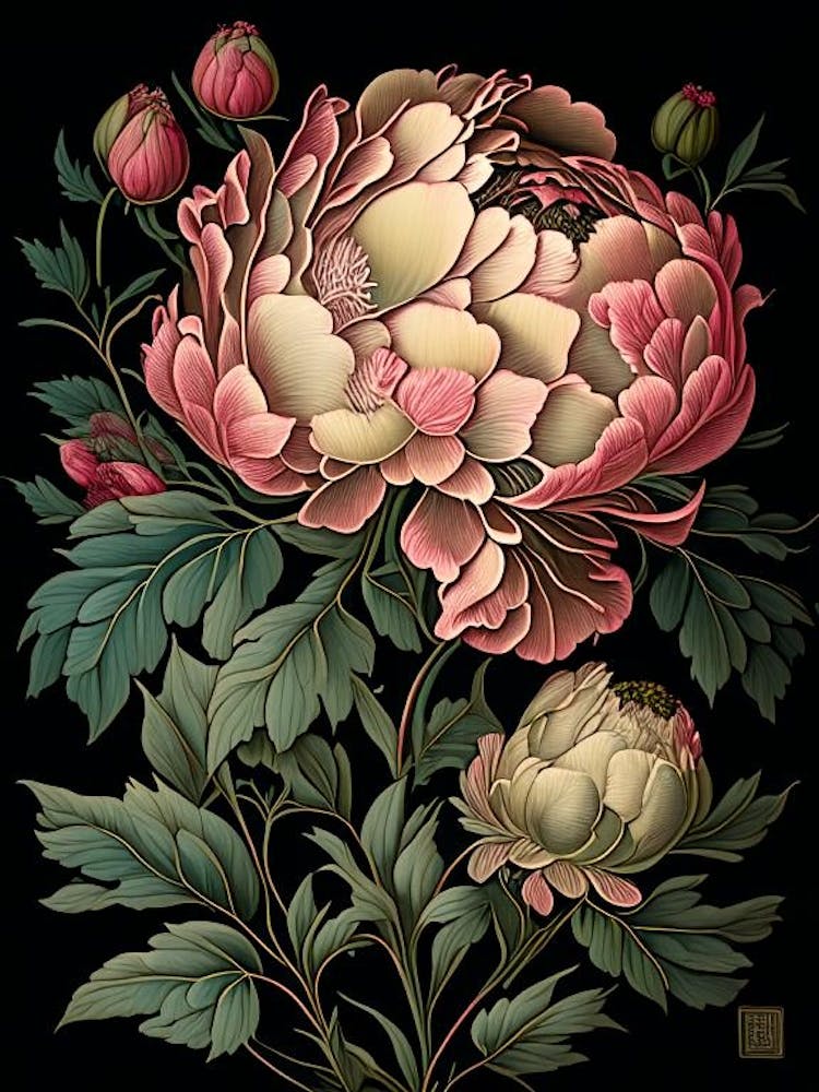 Kansas Peonies Black Vintage Botanical