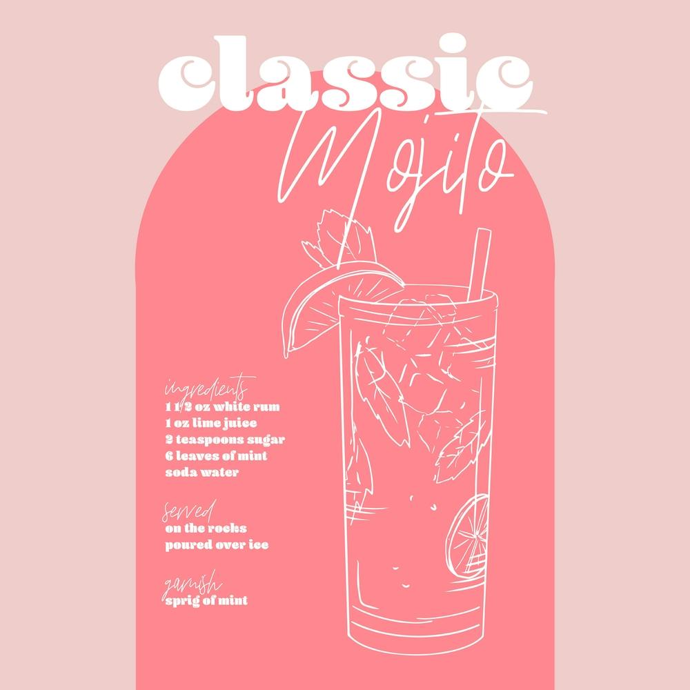 Vintage Retro Inspired Classic Mojito Recipe Pink And Dark Pink Square