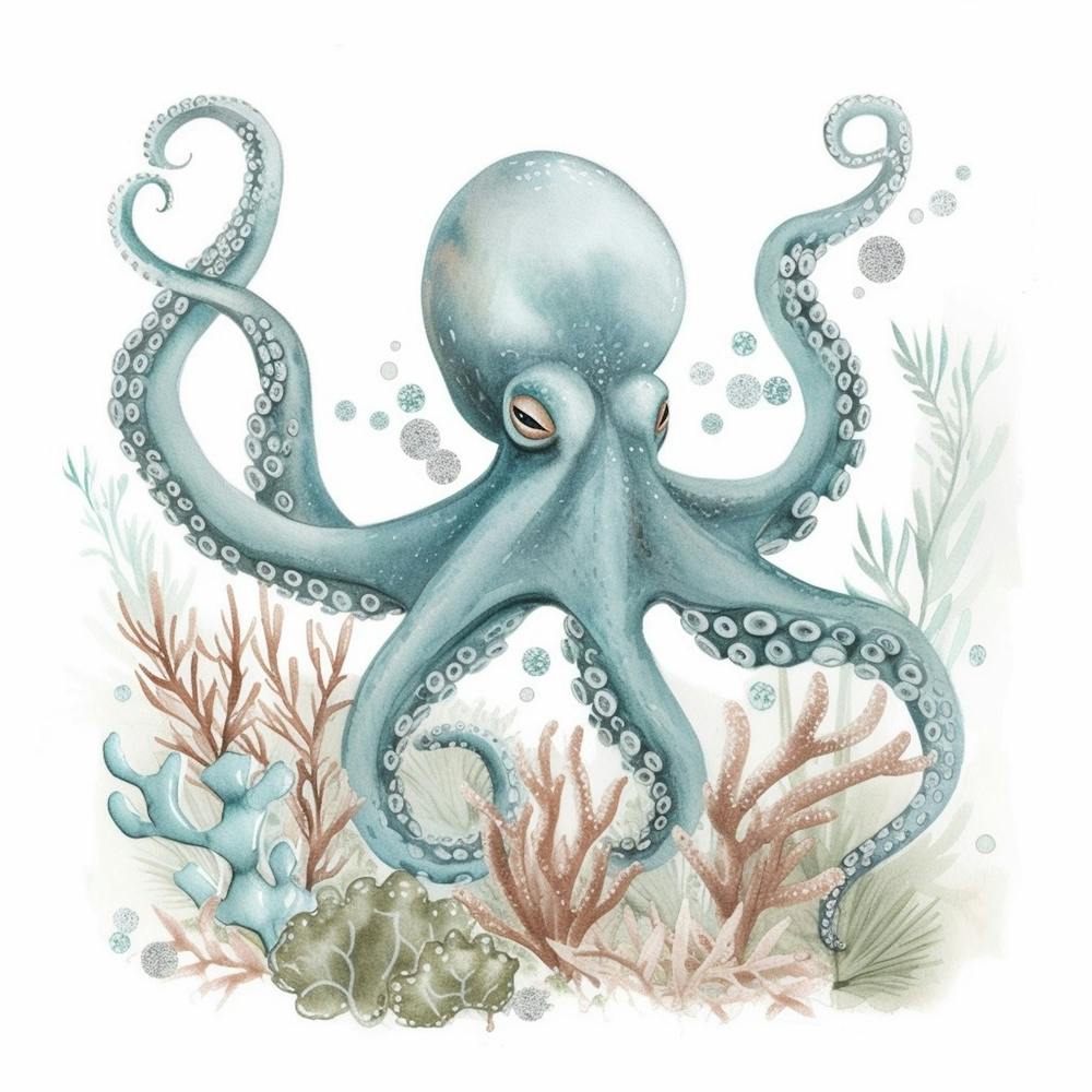 Cute Storybook Style Octopus Blue & White  2