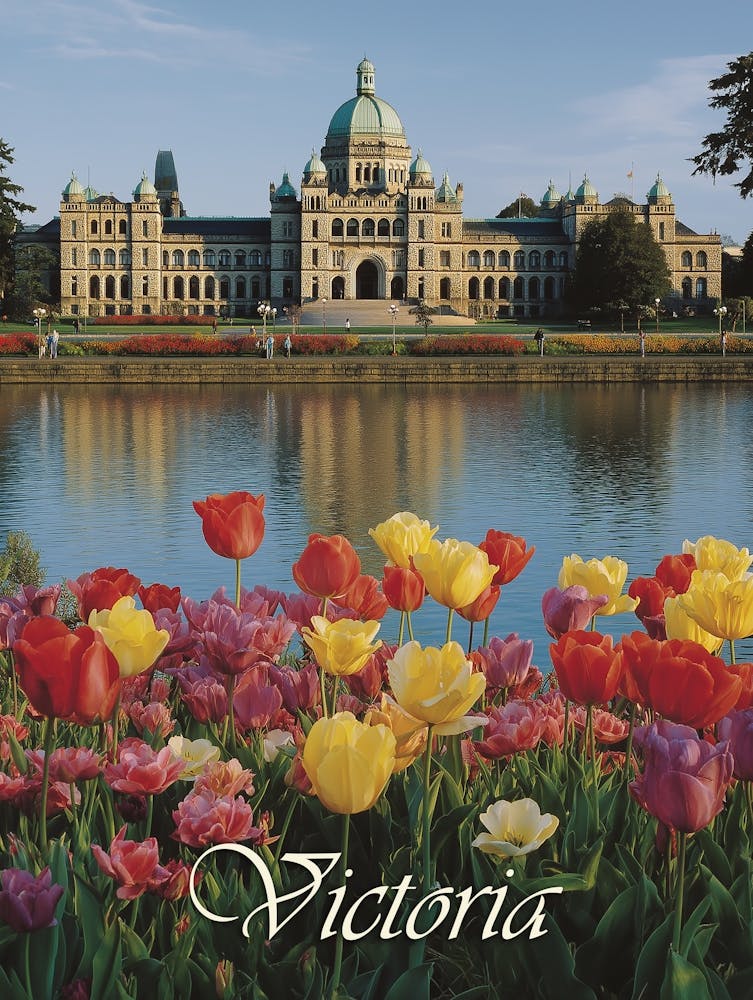 Vintage Victoria British Columbia Travel Poster | Legislative Building & Tulip Gardens Art