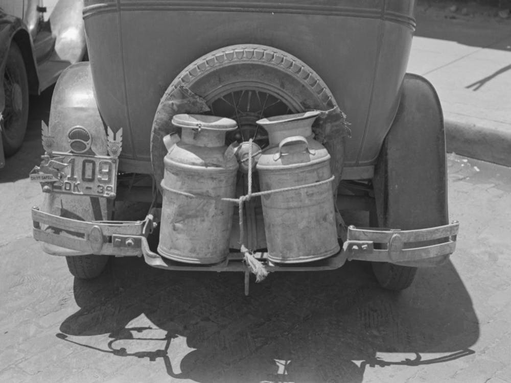 Milk Cans Tied On Back Of Farm Automobile, Muskogee, Oklahoma By Russell Lee