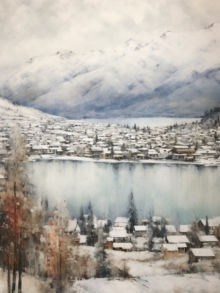 Vintage Winter Painting Queenstown New Zealand 1