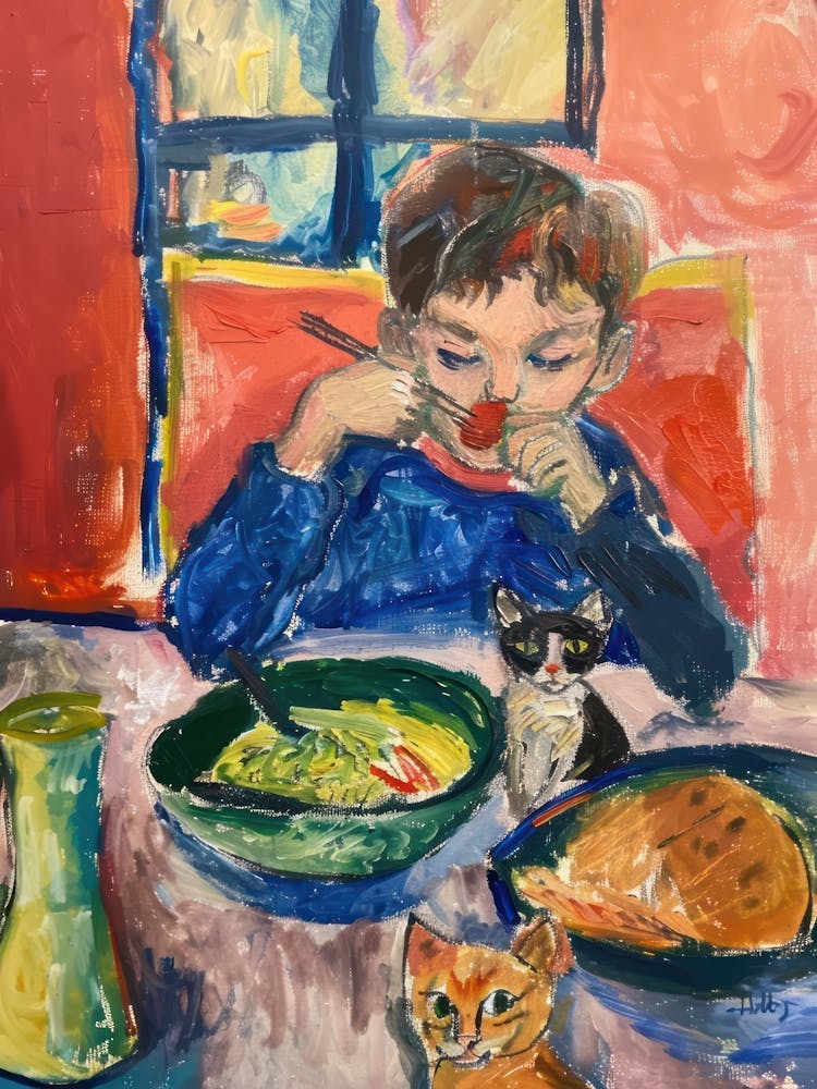 Portrait Of A Boy With Cats Having Ramen 3
