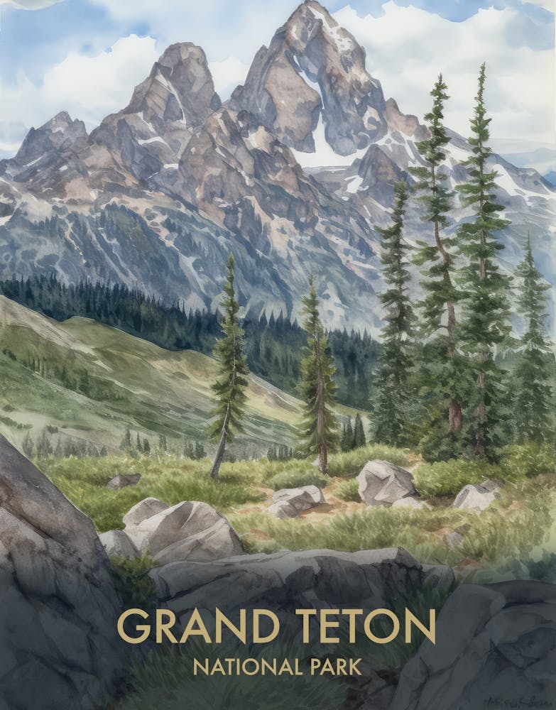 Grand Teton National Park Watercolour Vintage Travel Poster 1