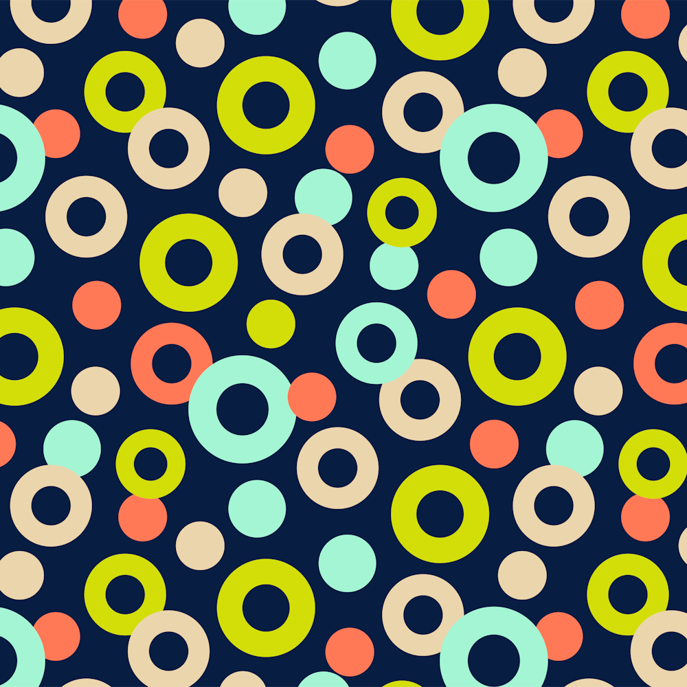 DROPS Polka Dots Rings Abstract Geometric in Retro Green Mint Orange Cream on Midnight Blue