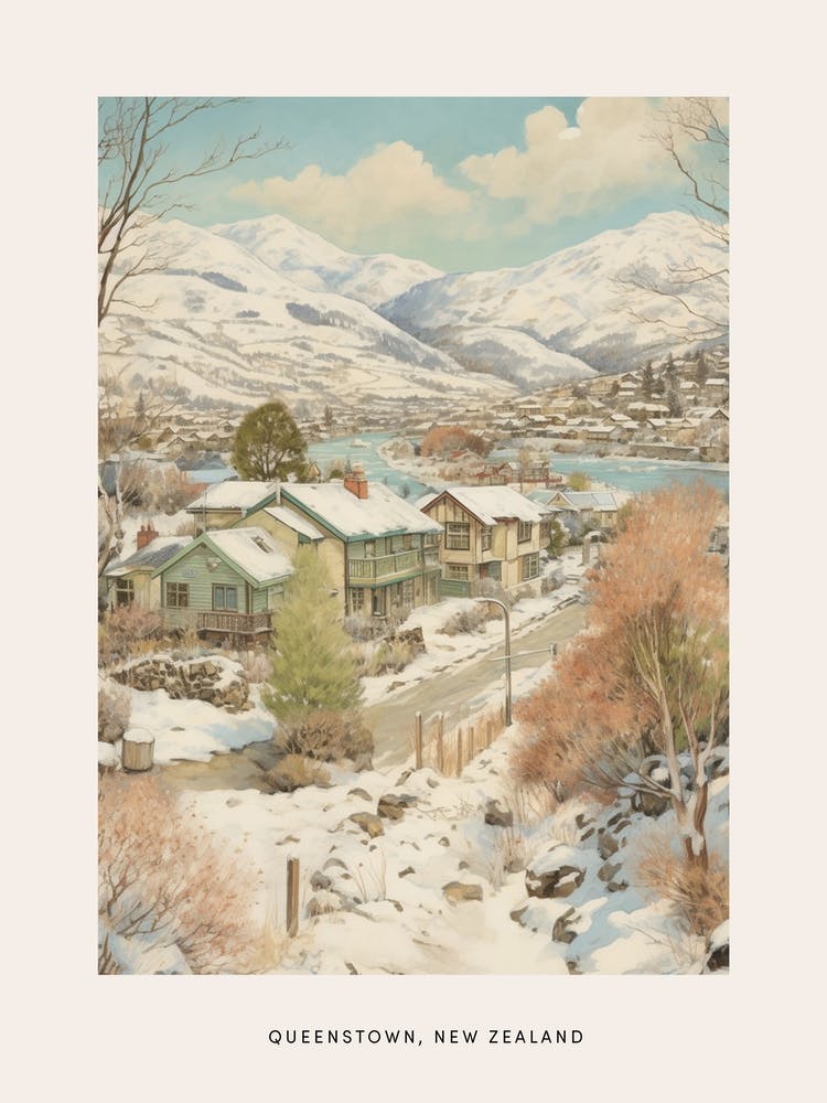 Affiche d'hiver vintage Queenstown Nouvelle-Zélande 2