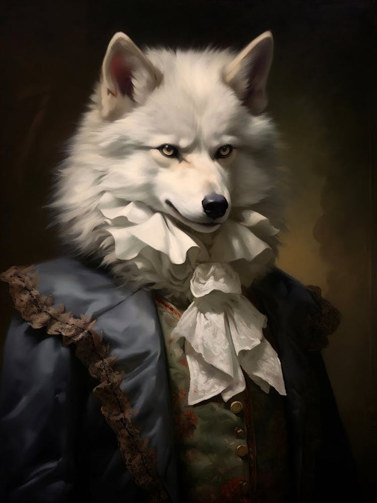 Victorian Animal Portrait, Dressed Animal Print, Royal White Wolf Vintage Print, Dark Moody Animal Renaissance Poster, Animal Lover Gift