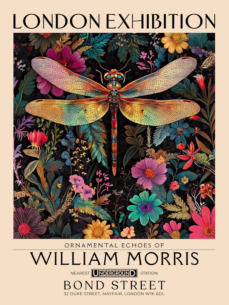 William Morris Dragonfly and floral artwork, insect and flower pattern vintage Botanical print for cottagecore, maximalist decor,floral tapestry Victorian nature illustration bedroom vintage decor 5